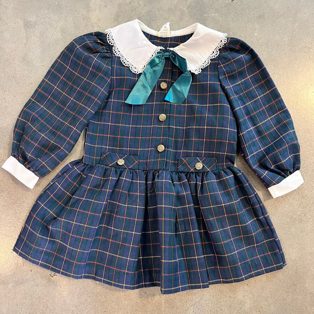 Vintage Academia navy blue green plaid school girl smock dress girl 2T peter pan